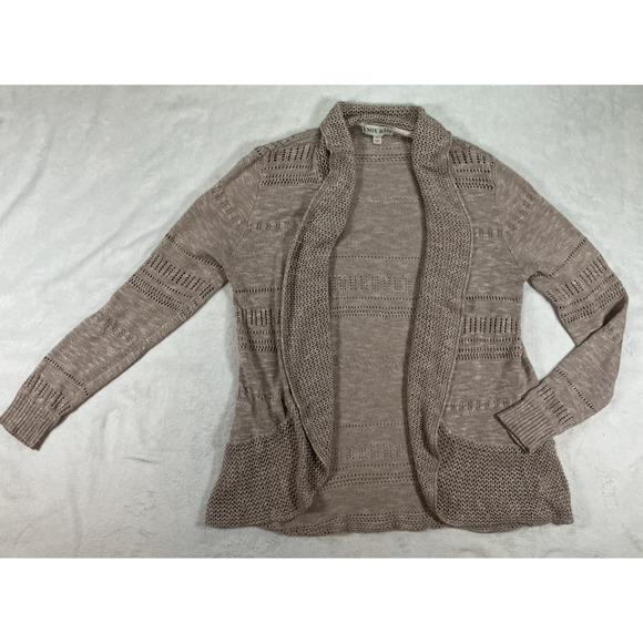 Knox Rose Cardigan SZ Large Open Front Crochet Eyelet Minimalist Bohemian Beige - Picture 3 of 13